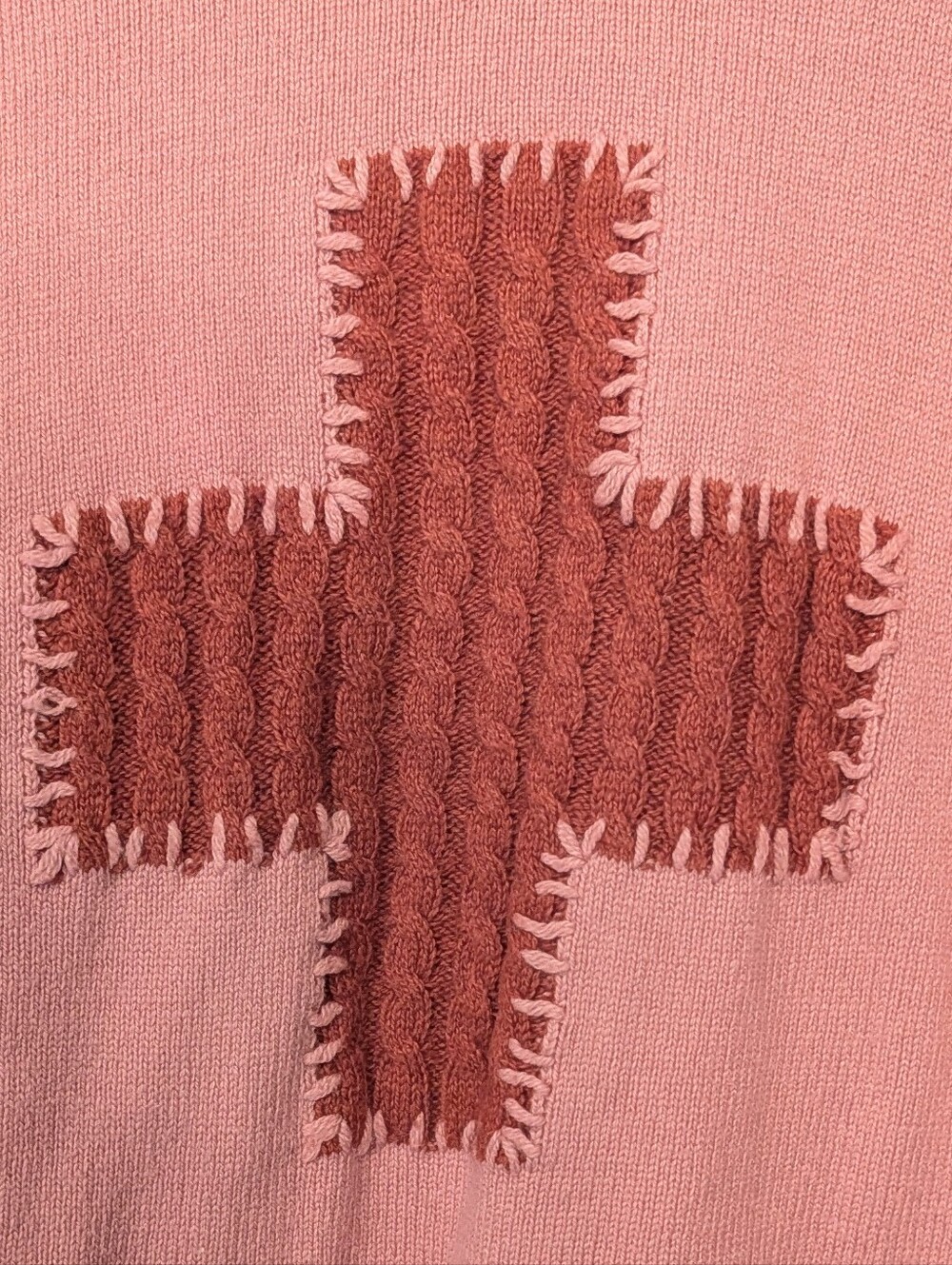 FOIL Pink Merino Wool Cotton Cable Fisherman Knit Sweater M Cross Applique Boho - Picture 5 of 8